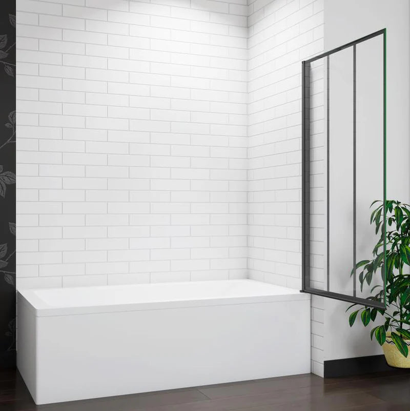 Black framed pivot bath screen opened to 90 degrees