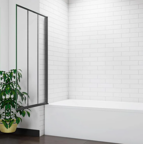 Black Framed Bath Shower Screen Side Angle View In Modern Bathroom Setting