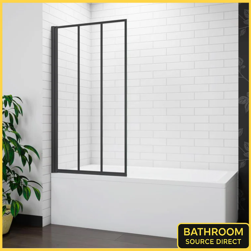 Black Framed Folding Bath Shower Screen Installed Over Bath In Modern White Tiled Bathroom