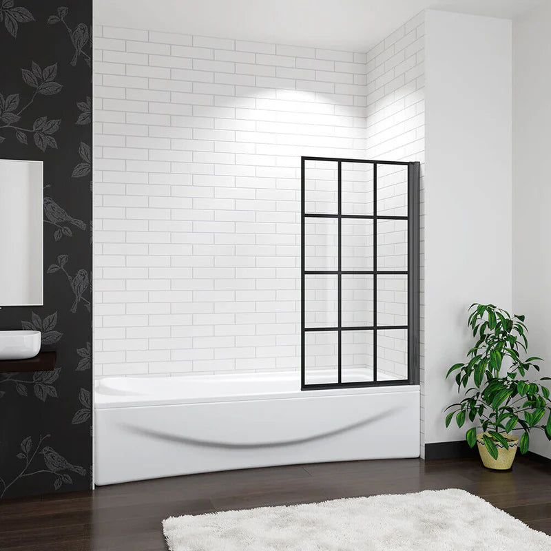 Black Grid Framed Bath Shower Screen Installed Over Bath In Modern White Tiled Bathroom With Plant