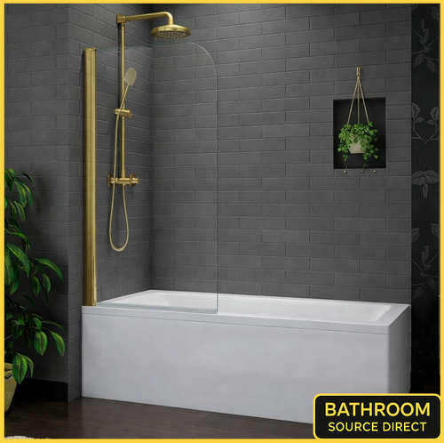 Bath Shower Screen With Brushed Gold Frame And Clear Glass Installed Over Bath In Modern Dark Grey Tiled Bathroom With Gold Shower