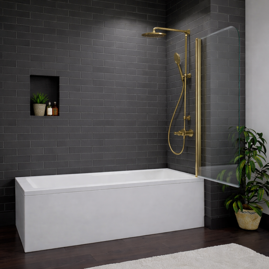 Bath Shower Screen With Brushed Gold Frame In Open Position Installed Over Bath In Modern Dark Grey Tiled Bathroom