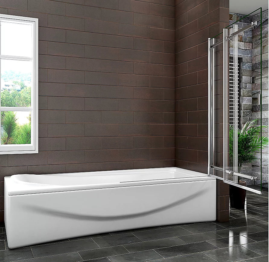 Chrome Sliding Pivot Bath Shower Screen In Open Position Installed Over Bath In Modern Brown Tiled Bathroom With Window