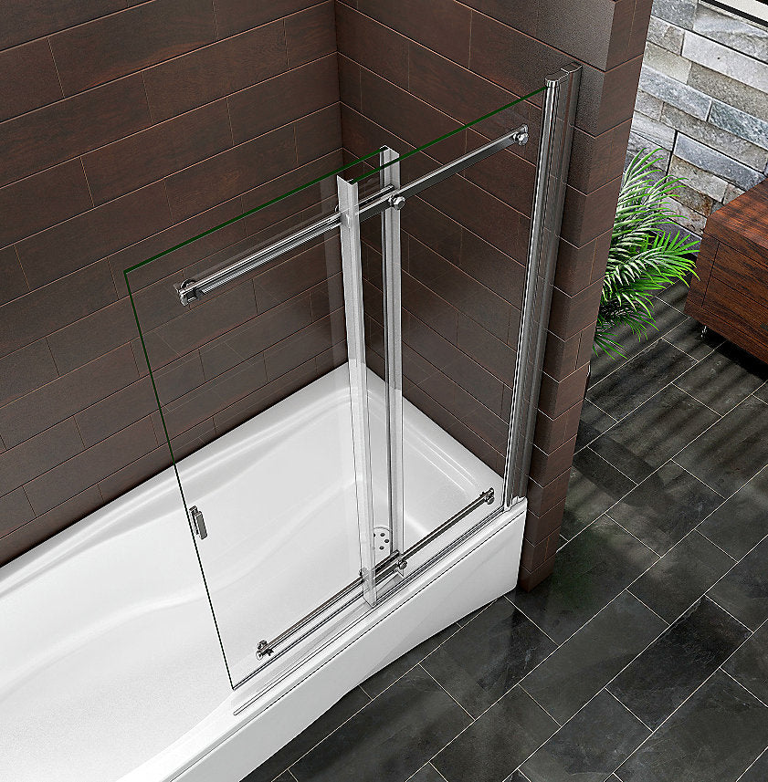Chrome Sliding Pivot Bath Shower Screen Overhead View Showing Glass Panels And Sliding Mechanism Over Bath
