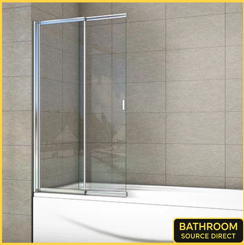 Bath Shower Screen With Clear Glass And Chrome Frame Installed Over Bath In Modern Grey Tiled Bathroom