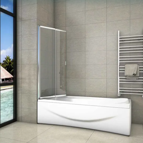 Bath Shower Screen Installed On Curved Bath With Modern Grey Wall Tiles