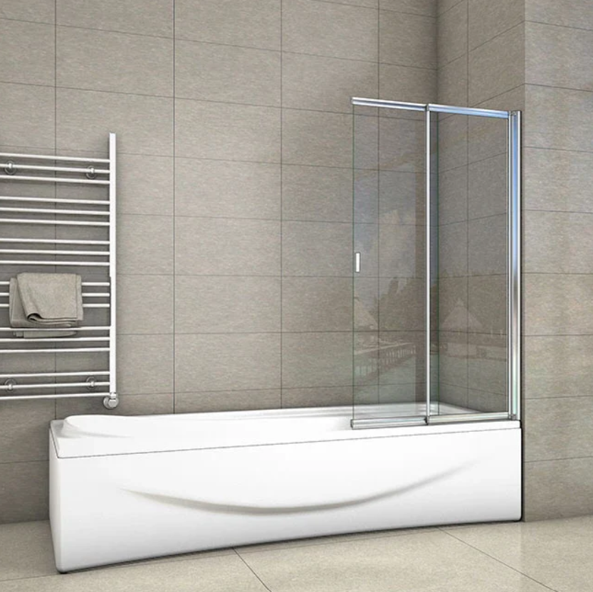 Bath Shower Screen Installed On Curved Bath With Modern Grey Wall Tiles