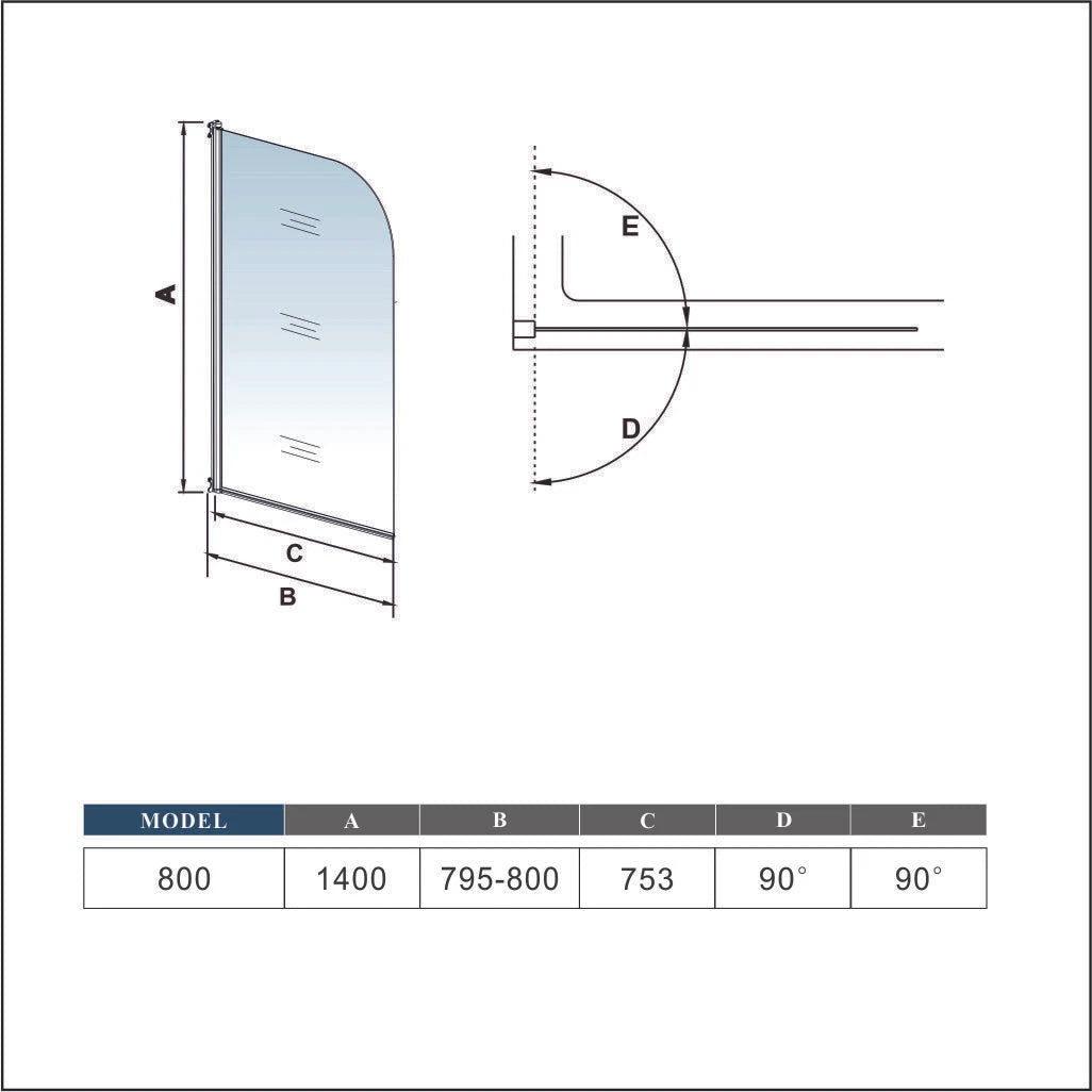 Curved Bath Shower Screen Technical Drawing Showing Dimensions And 90 Degree Opening Angles