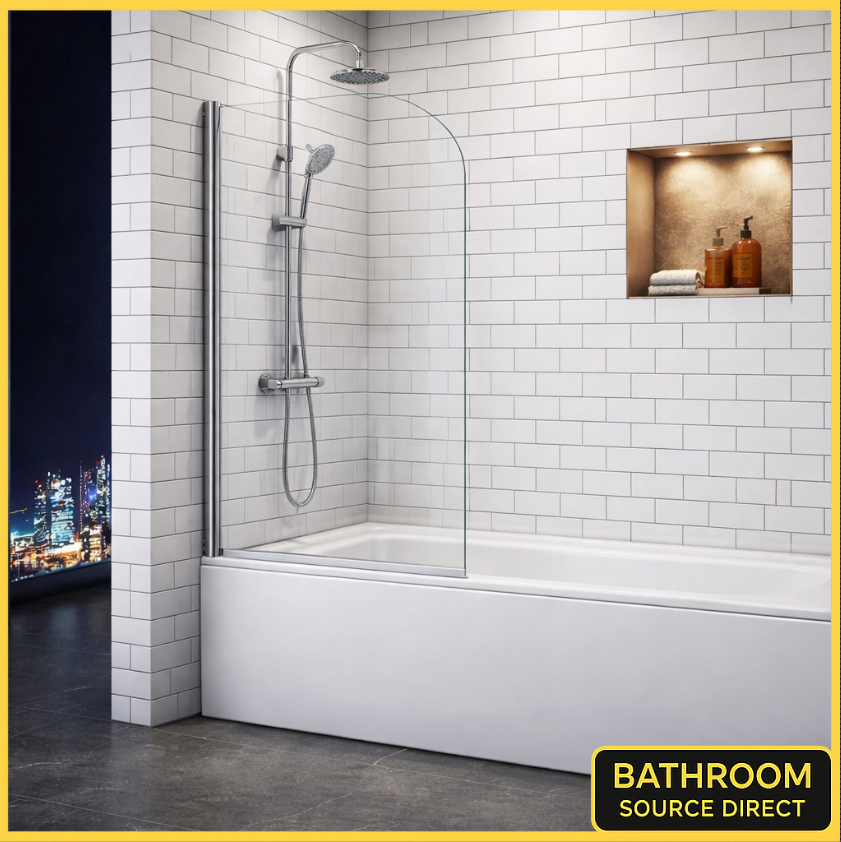 Curved Bath Shower Screen With Clear Glass And Chrome Frame Installed Over Bath In Modern White Tiled Bathroom With Shower Set