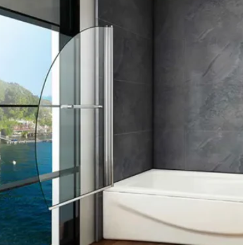 Curved Bath Shower Screen Open Position With Clear Glass In Modern Dark Tiled Bathroom With Window View