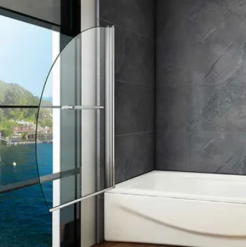 Curved Bath Shower Screen Open Position With Clear Glass In Modern Dark Tiled Bathroom With Window View