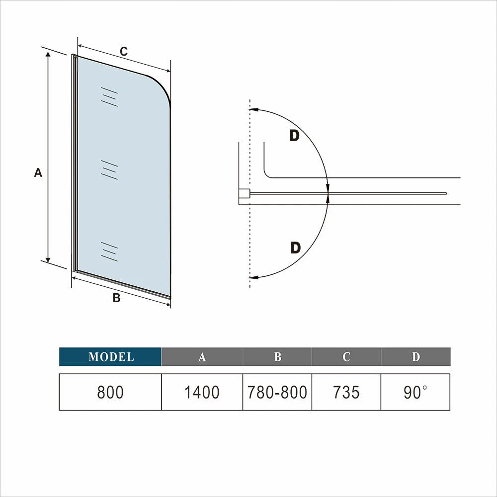 Bath shower screen size diagram showing 800mm width, 1400mm height, 735mm panel and 90 degree pivot opening