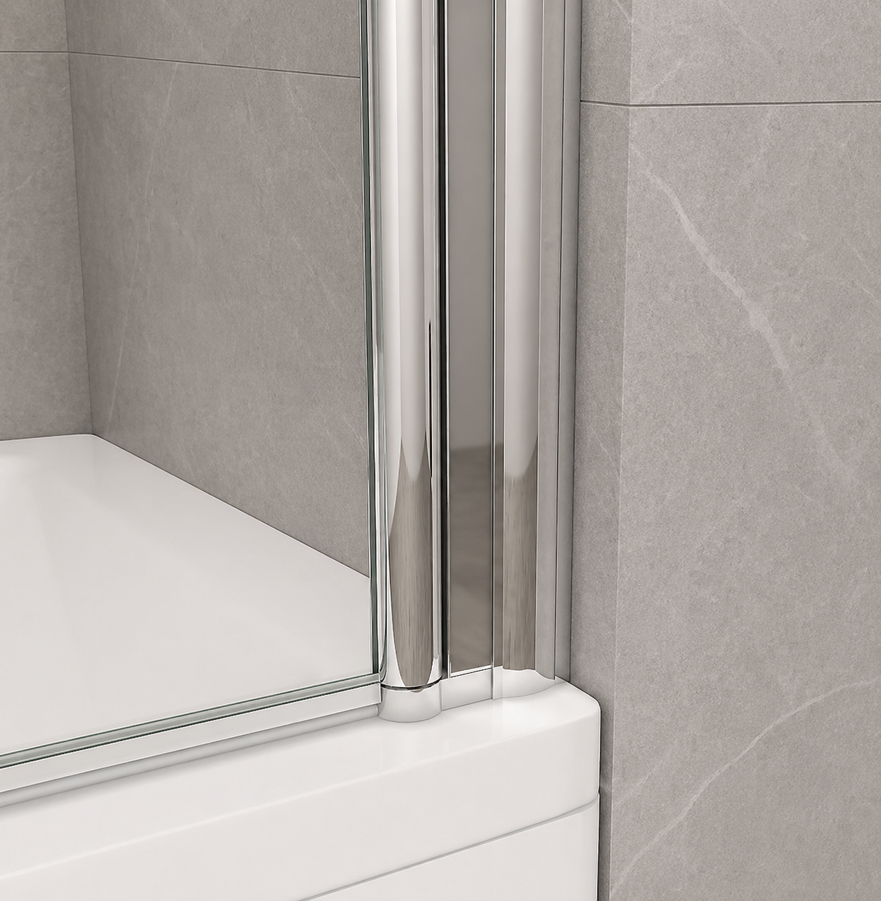 Close Up Of Chrome Pivot Hinge And Glass Panel On Bath Shower Screen Installed Over Bath