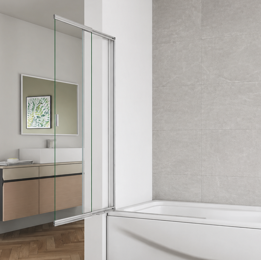 Bath Shower Screen Side View With Vanity Unit In Modern Bathroom Setting
