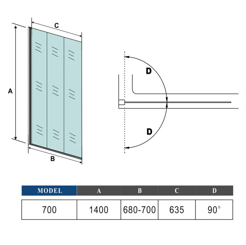 700mm pivot bath screen dimension diagram showing adjustment range