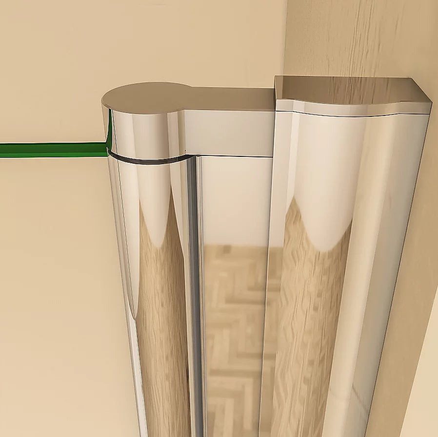 Close Up Of Chrome Top Pivot Hinge Securing Glass Panel On Bath Shower Screen