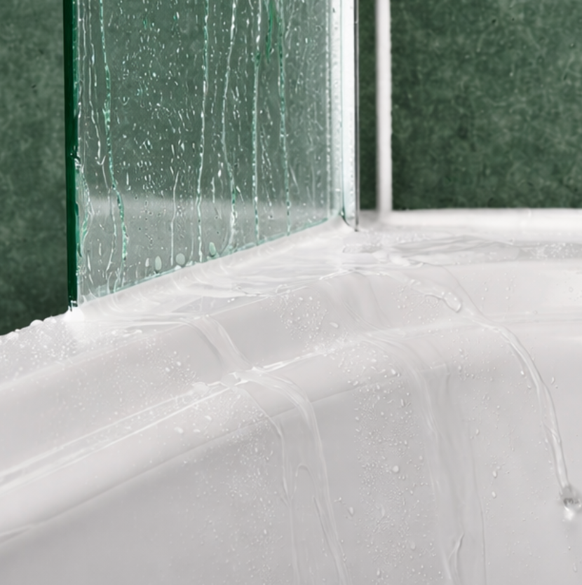 Close-up of bath shower screen with water running down glass onto white bath, set against green tiled wall