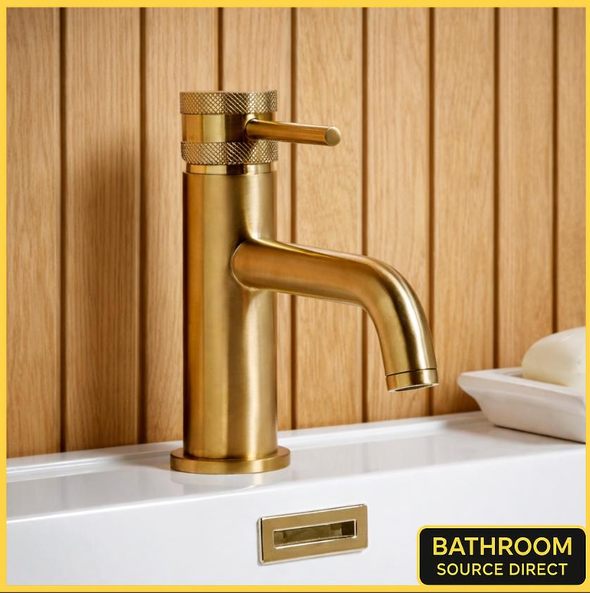 Qudo Core Brushed Brass Mono Basin Mixer Tap – Modern Round Bathroom Tap