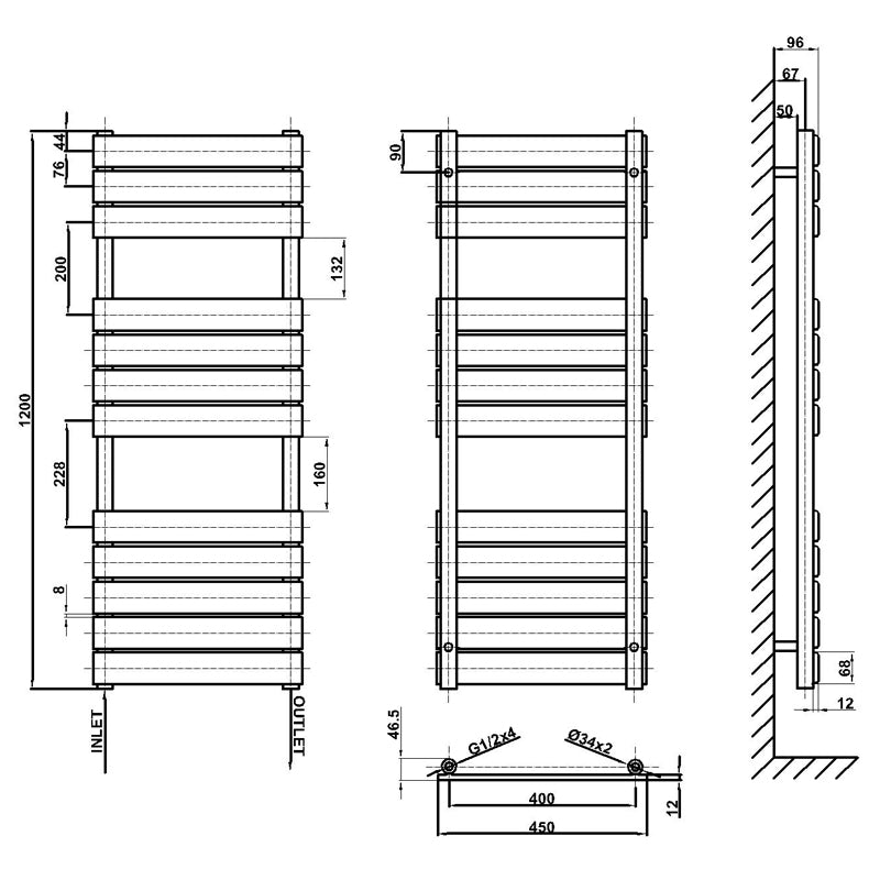 Technical drawing and dimensions for 1200 x 450 black flat panel heated towel rail radiator with 12 bars.
