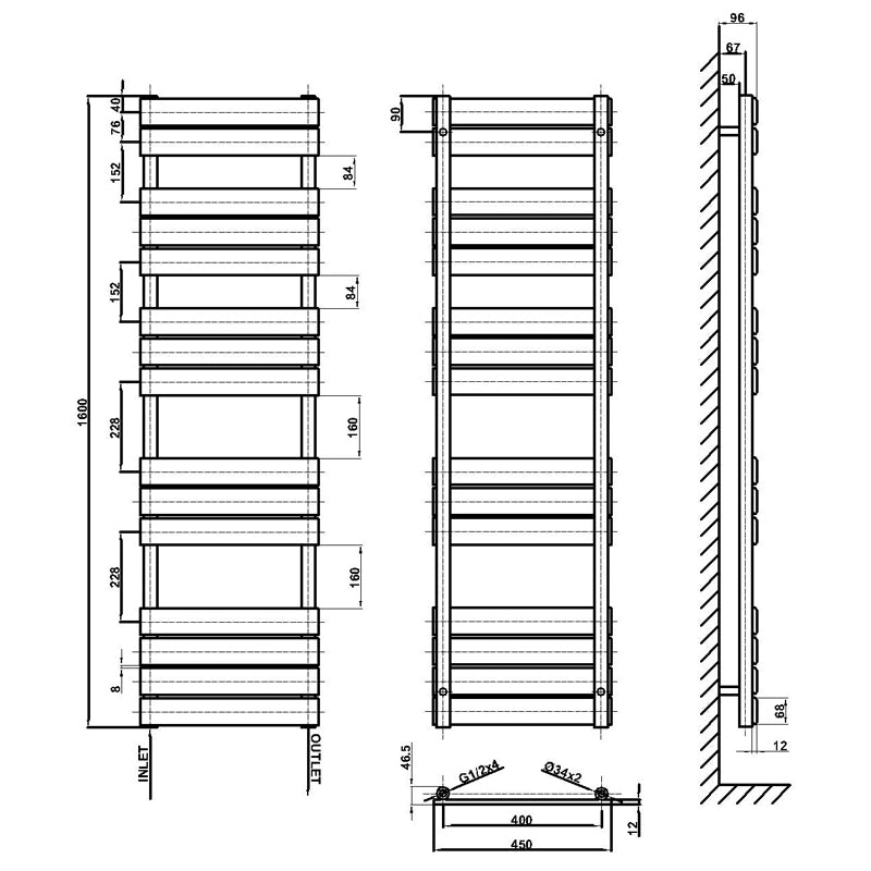 Technical drawing and dimensions for 1600 x 450 black flat panel heated towel rail radiator with 15 bars.