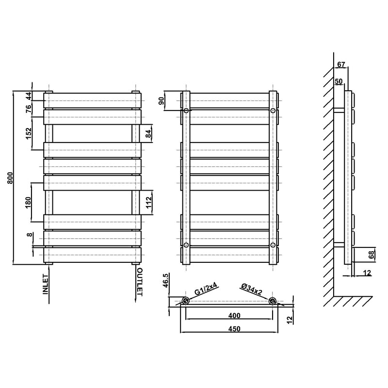 Technical drawing and dimensions for 800 x 450 black flat panel heated towel rail radiator with 8 bars.