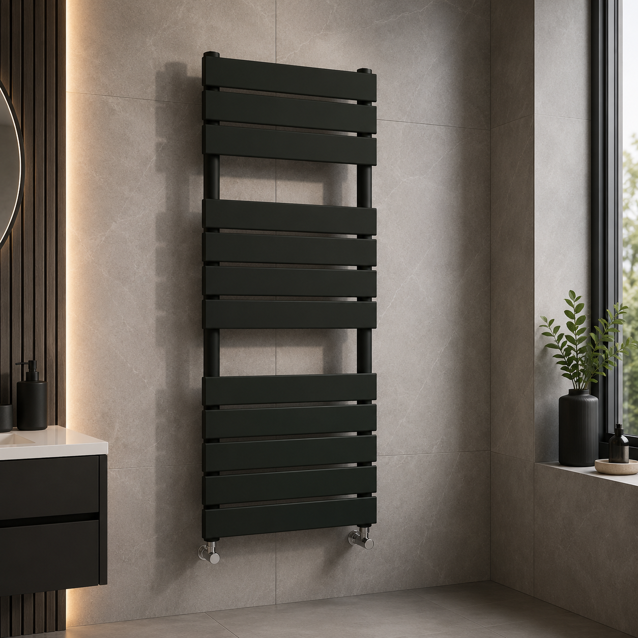 Black flat panel heated towel rail radiator mounted on modern stone effect bathroom wall with contemporary styling