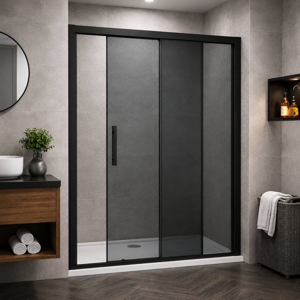 Black Framed Sliding Shower Door With Smoked Glass In Partially Open Position Installed In Modern Grey Bathroom