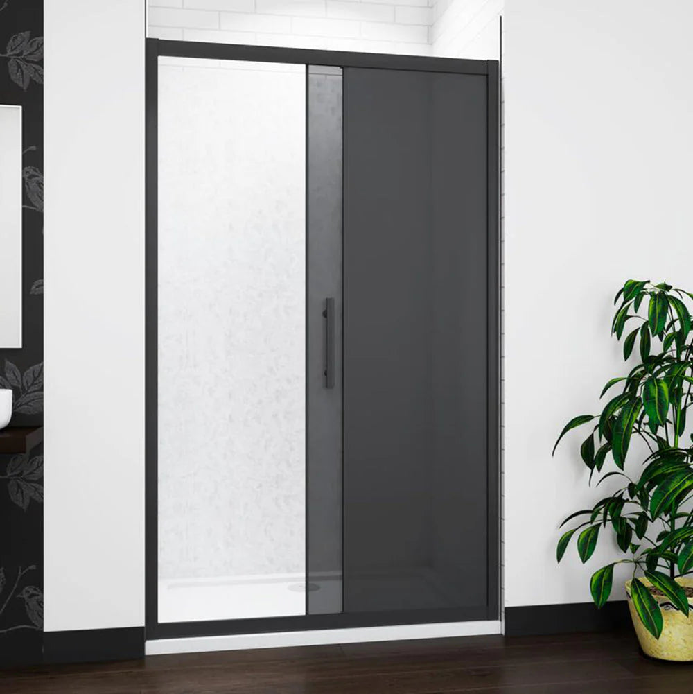 Black Framed Sliding Shower Door With Smoked Glass In Partially Open Position