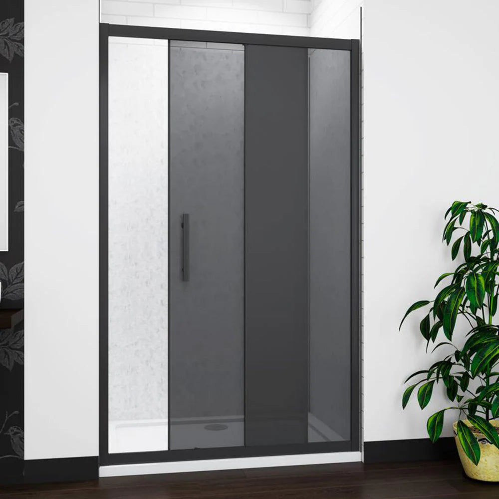 Black Framed Sliding Shower Door With Smoked Glass Front View Installed In Modern Bathroom