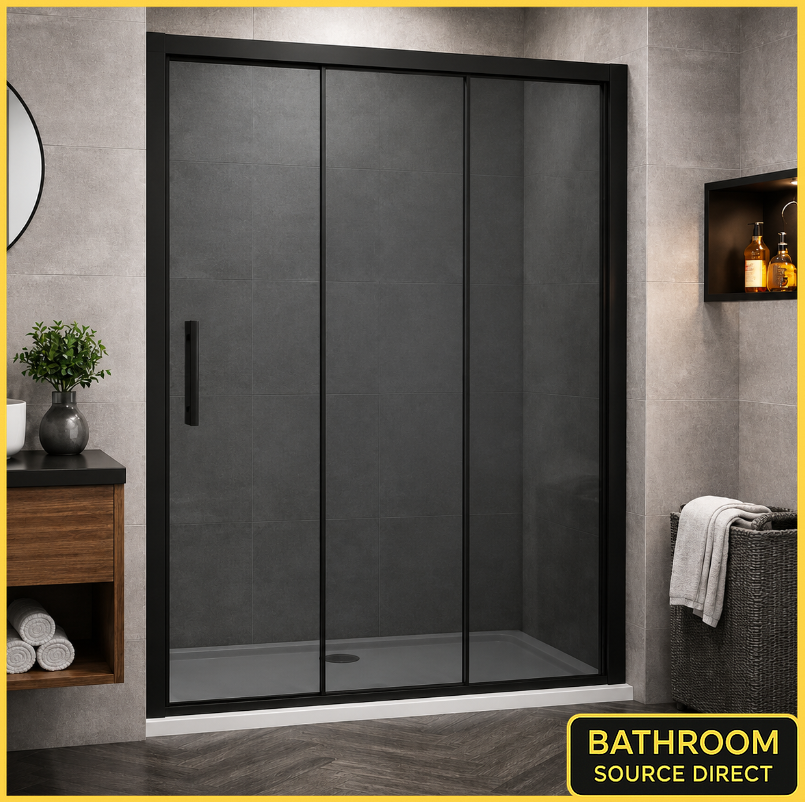 Black Framed Sliding Shower Door With Smoked Glass Installed In Modern Grey Bathroom With Dark Wood Vanity Unit