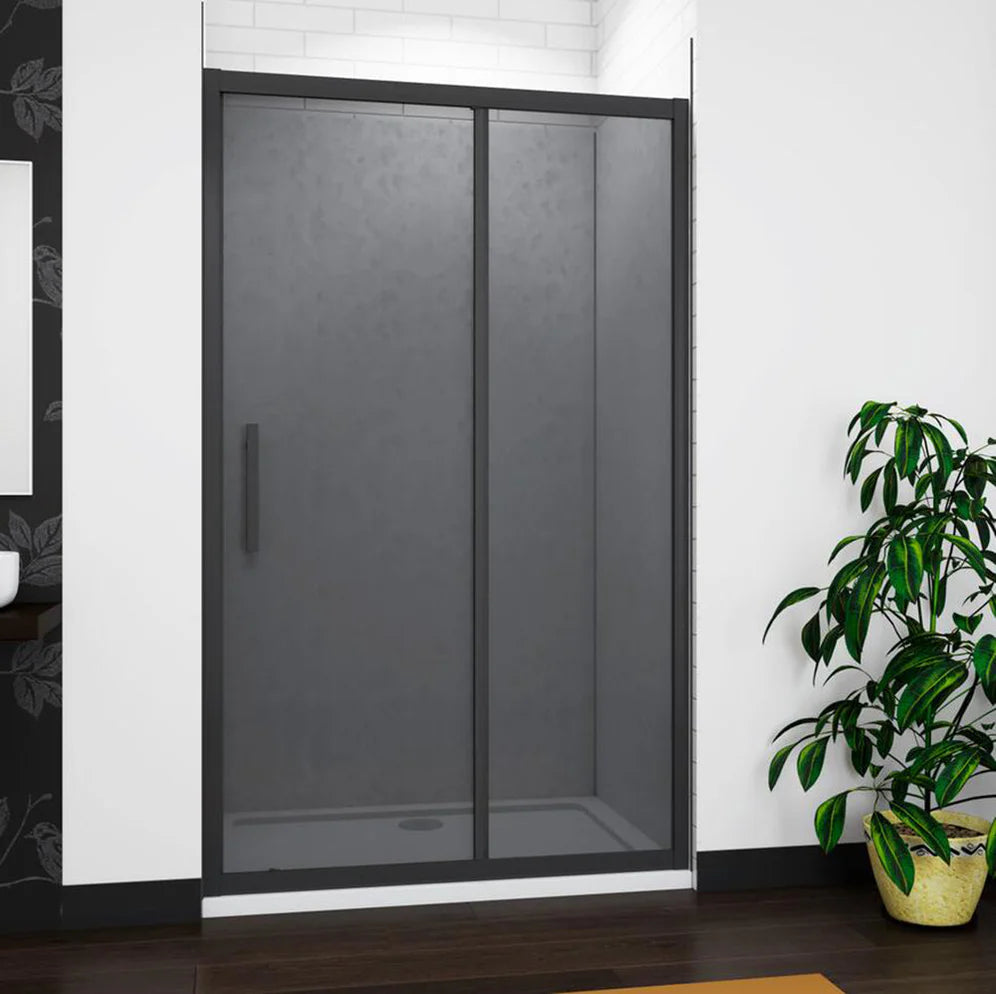 Black Framed Sliding Shower Door With Smoked Glass Side Angle View In Modern Bathroom