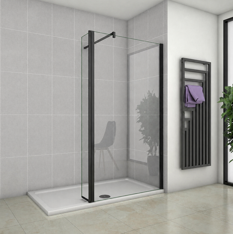 Black Framed Walk In Shower Screen With Side Return Panel Installed In Modern Grey Bathroom Front Angle View