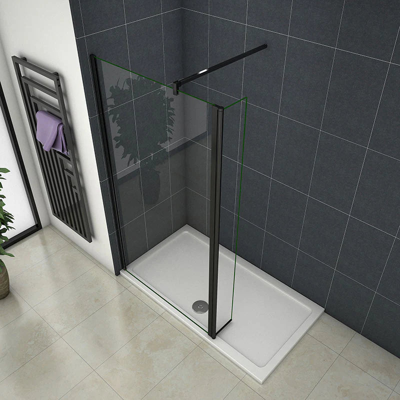 Black Framed Walk In Shower Screen With Side Return Panel Overhead View Installed In Dark Grey Bathroom