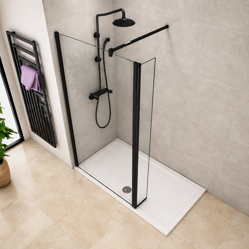 Black Framed Walk In Shower Screen With Side Return Panel Overhead View Installed In Modern Beige Bathroom With Black Shower Set