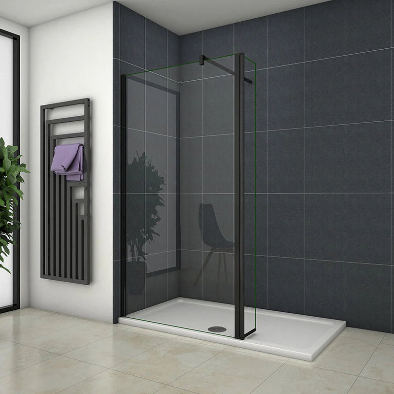 Black Framed Walk In Shower Screen With Side Return Panel And Smoked Glass Installed In Dark Grey Bathroom