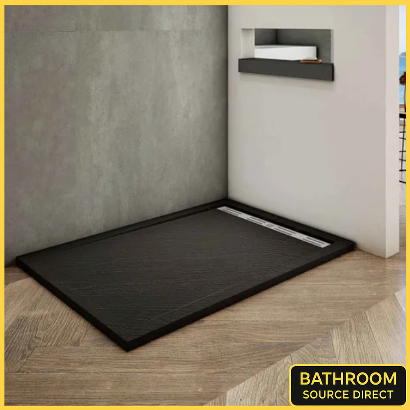 Black slate effect stone resin shower tray 1600mm with linear waste in modern bathroom setting