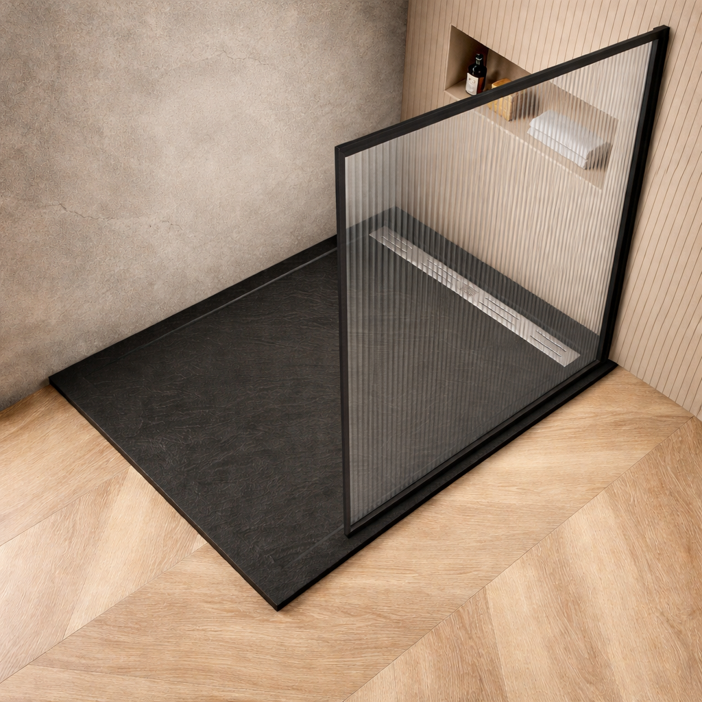 Black slate effect shower tray with fluted glass shower screen and black frame
