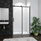 Black Sliding Shower Door Front Angle View Installed In Modern Bathroom