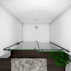 Black Sliding Shower Door Overhead Angle View Showing Sliding Rail And Glass Panels