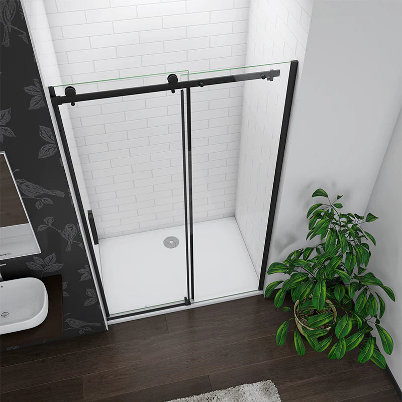 Black Sliding Shower Door Overhead View Showing Glass Layout And Tray Position
