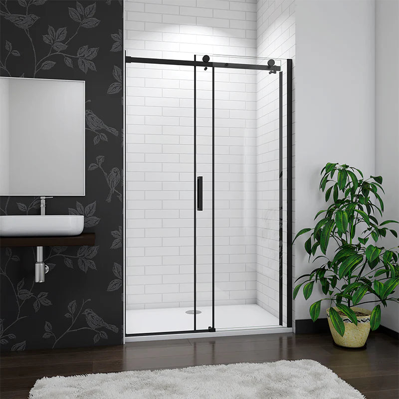 Modern bathroom with a shower enclosure, plant, and decorative wall.