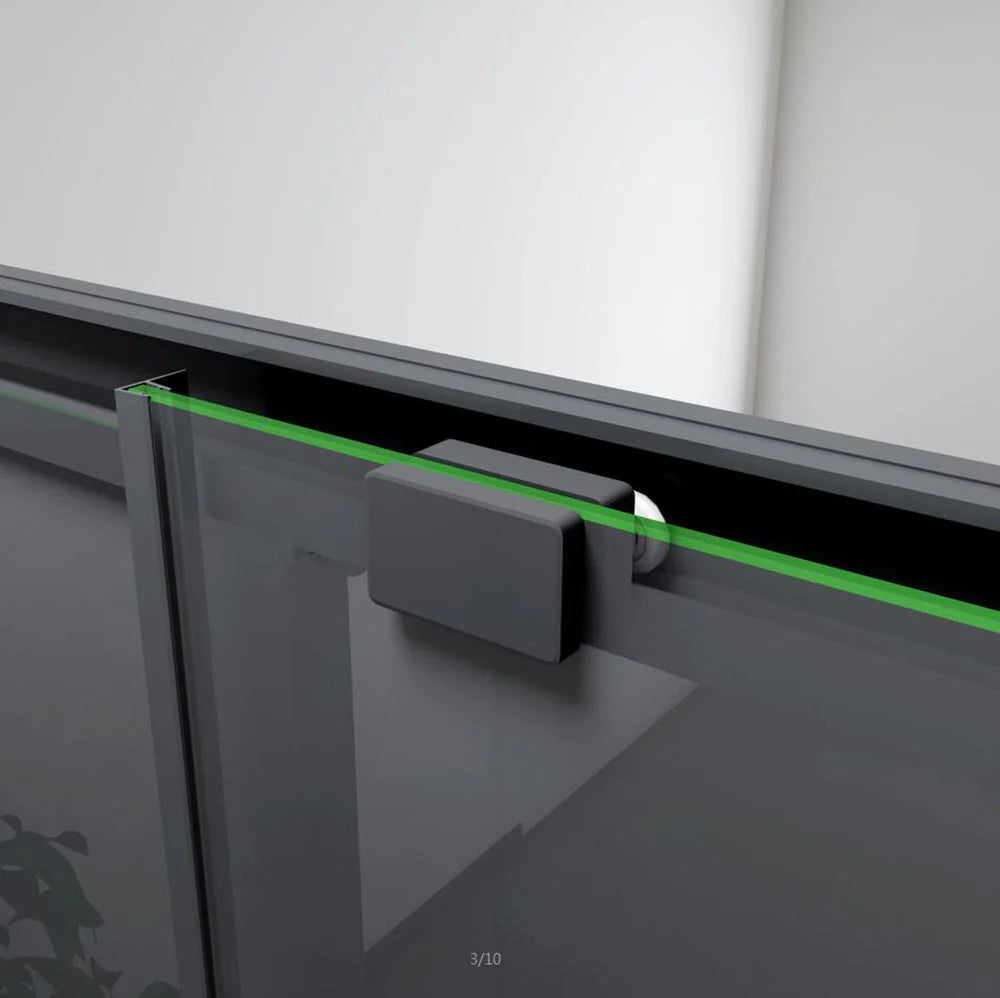 Close Up Of Roller Mechanism And Smoked Glass On Black Sliding Shower Door