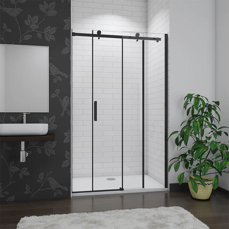 Black Sliding Shower Door Side Angle View Installed In Modern Bathroom