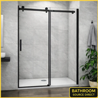 Black Barn Style Sliding Shower Door Installed In Modern Grey Bathroom With Clear Glass Panels