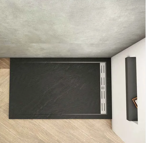 Top view of black slate effect shower tray 1400mm with linear waste