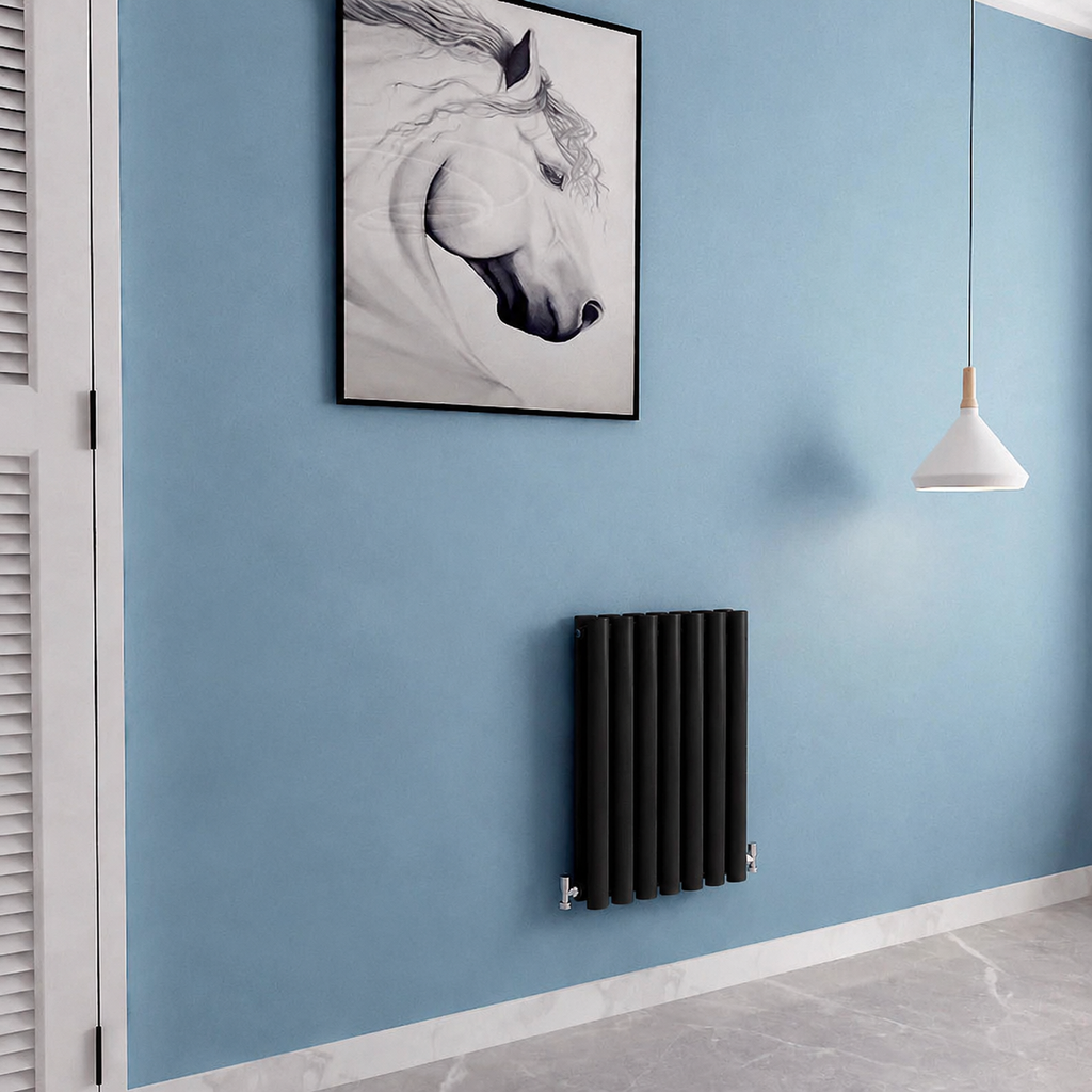 Black radiator on a blue wall with a horse painting above it