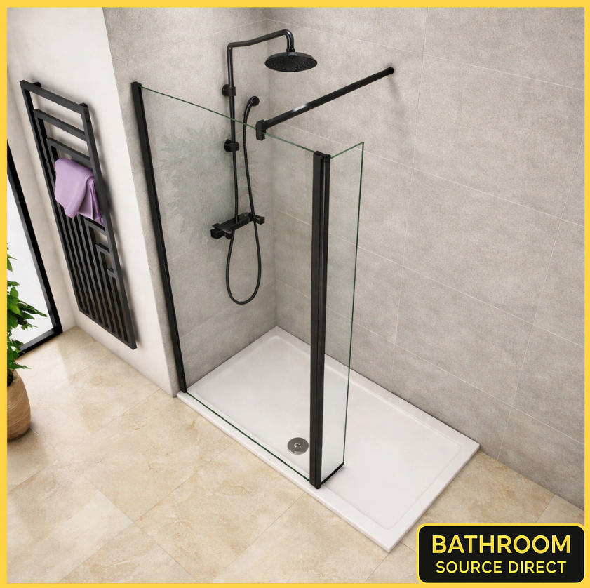 Vitrano Matt Black Walk-In Shower Screen with Support Bar – 2000mm High (Optional 300mm Flipper Panel)
