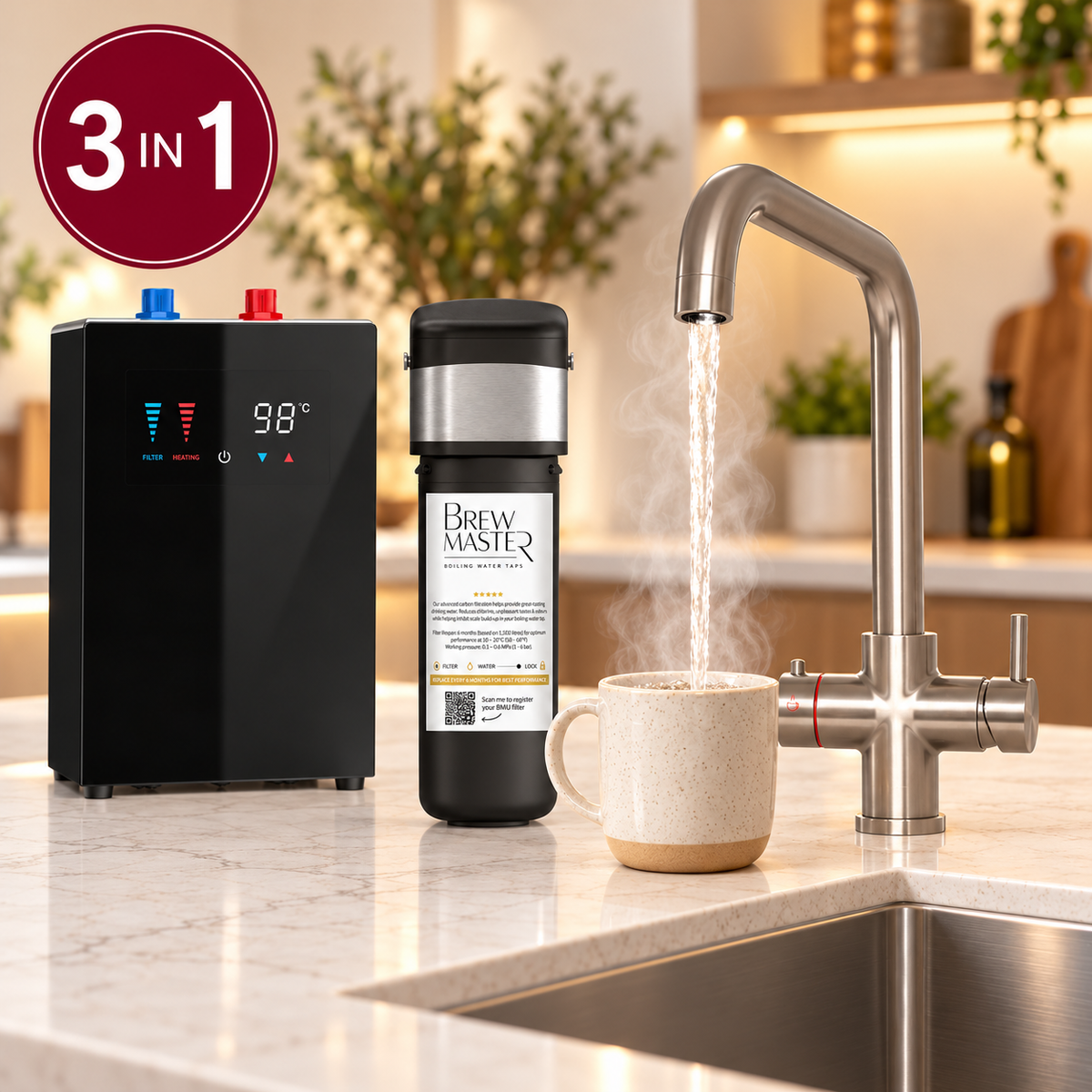 Brewmaster 3 in 1 square brushed nickel boiling water tap with digital tank and filter