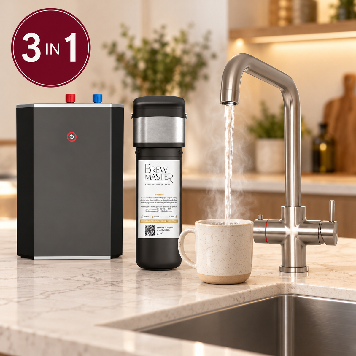 Brewmaster 3 in 1 square brushed nickel boiling water tap with standard tank and filter