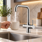 Brewmaster 3 in 1 square chrome tap dispensing boiling water into a mug